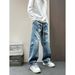 Men's Pleated Wide-Leg Jeans, Curved Hem Loose Fit Denim Pants With Layered Design For Casual Streetwear_viptrois.com