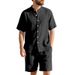 Men's Clothing Summer Shirt Loose Fit Linen Material Henry Collar Beach Short Sleeved Shorts Suit Casual Style_viptrois.com