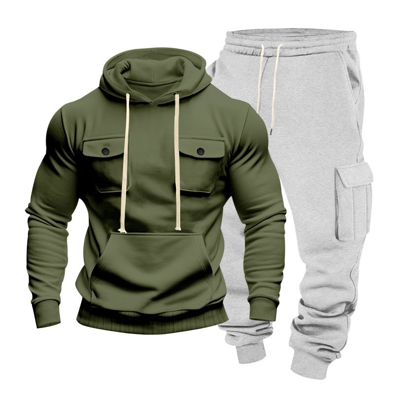 Men's Style Heavyweight Fleece Hooded Sweatshirt And Sweatpants Set Winter Outdoor Workwear Loose Fitting_viptrois.com