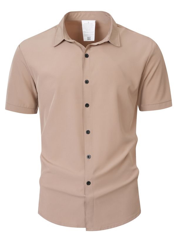 Men's Clothing Men's Short-Sleeved Collared Shirt Muscle Fitness Stretch Solid Color Sports Casual Cardigan Style Summer_viptrois.com