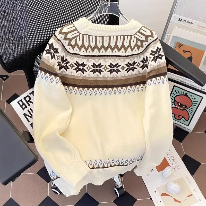 Unisex Fair Isle Knit Sweater - Winter Warm Crew Neck Pullover, Stylish & Cozy American Design For Men & Women_viptrois.com