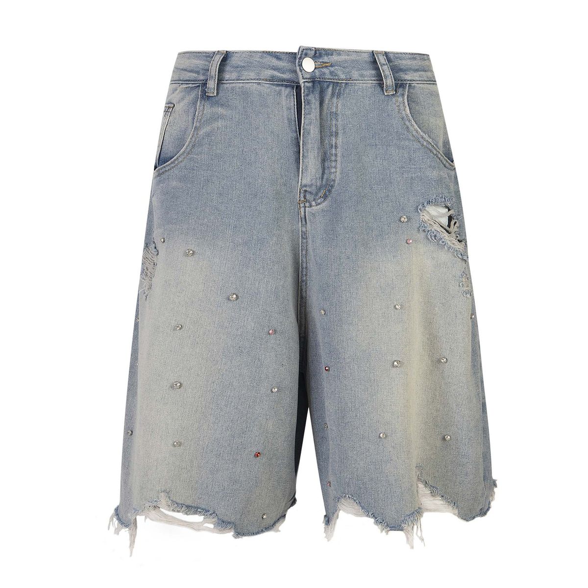 Men's Clothing National Trend High Street Washed Distressed Rhinestone Worn Denim Shorts Unisex Loose Wide Leg Straight Trousers_viptrois.com