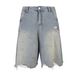 Men's Clothing National Trend High Street Washed Distressed Rhinestone Worn Denim Shorts Unisex Loose Wide Leg Straight Trousers_viptrois.com