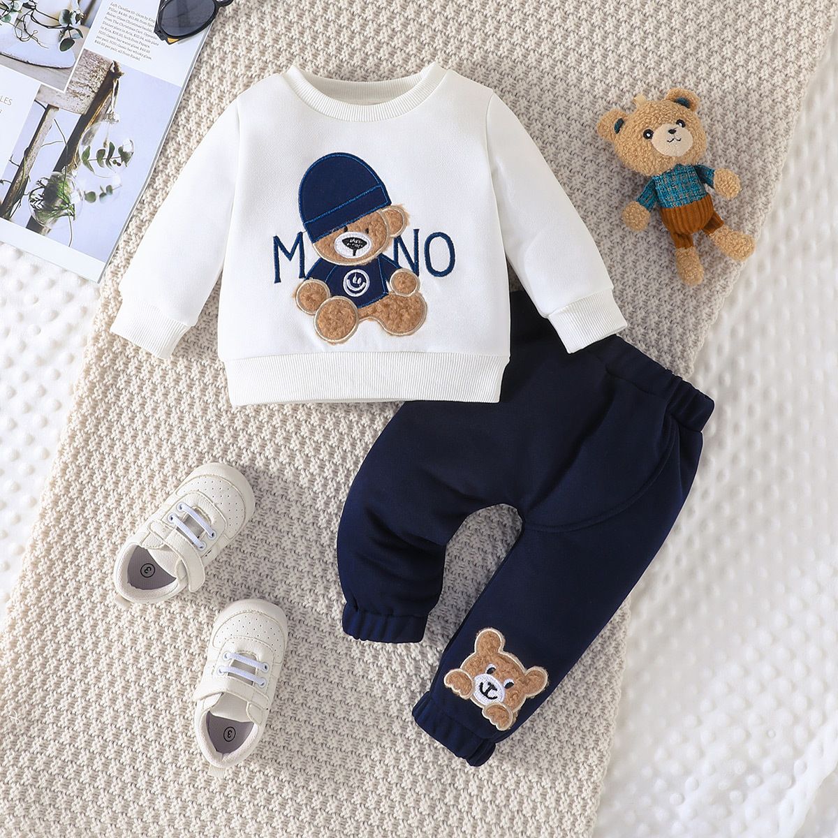 Mother&Kids Children's cartoon letter hat bear embroidered hoodie trousers two-piece set_viptrois.com