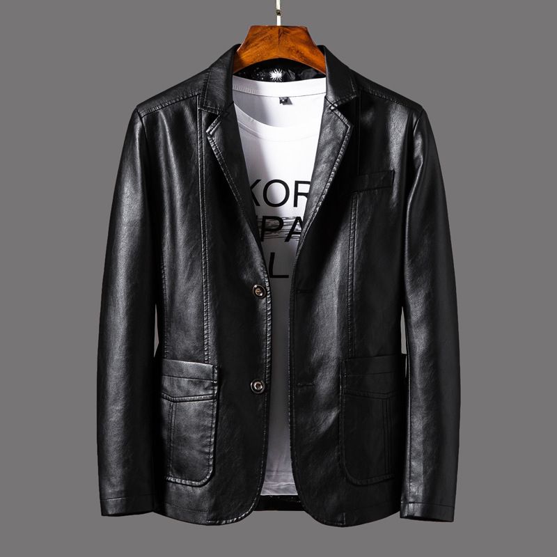 Men's Slim Fit PU Leather Blazer – Business Casual Jacket With Notched Lapel (M-6XL, Black/Brown/Khaki, Lightweight Spring Wear)_viptrois.com