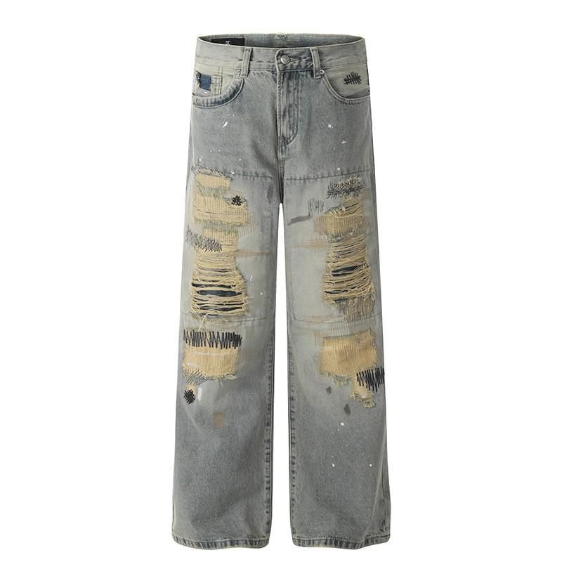 Unisex Distressed Embroidered Washed Jeans – Loose Straight Leg Denim Pants For Men & Women, Vintage Streetwear Style_viptrois.com
