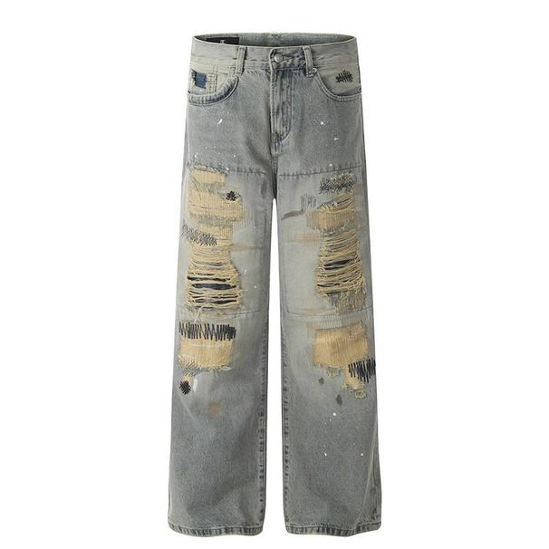 Unisex Distressed Embroidered Washed Jeans – Loose Straight Leg Denim Pants For Men & Women, Vintage Streetwear Style_viptrois.com