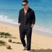 Breathable Linen Blend Shirt And Pants Set For Men Relaxed Fit Casual Linen Outfit Comfortable Long Sleeve Shirt With Turn-Down Collar_viptrois.com
