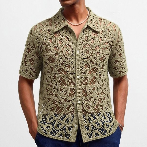 Cross Border Men's Sexy Hollow Out Knitwear, Summer Vacation Style, Outdoor Casual Cardigan, Polo Shirt SY0203_viptrois.com