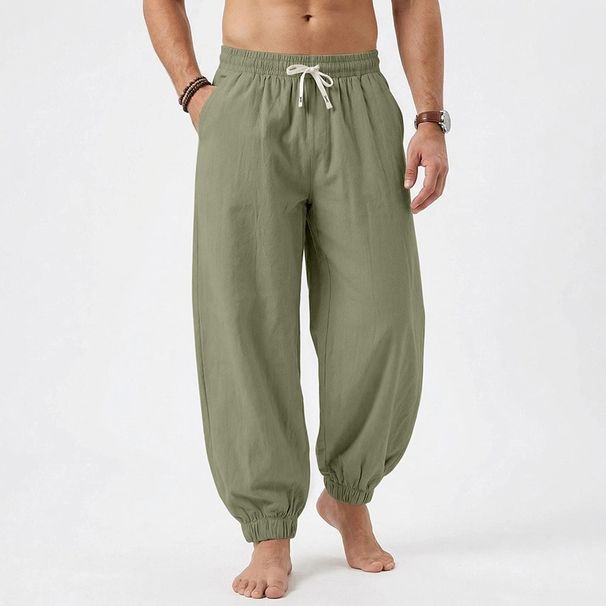 plus Size Men's Summer Beach Linen Casual Jogger Sports Pants mid Waist Black Solid Polyester Slight Stretch Machine Washable_viptrois.com