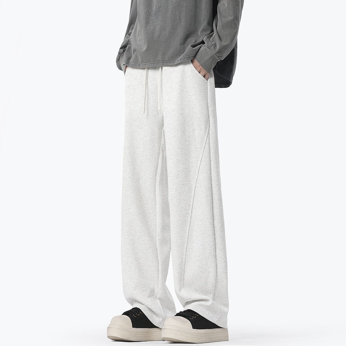 Men's Fleece Lined Heavyweight Sweatpants Winter Style White Floral Gray Floor Length Curved Sash Casual Unisex Pants_viptrois.com