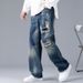 Men's Autumn New Ripped Jeans Patch Loose Straight Wide Leg Trendy Casual Men's Pants_viptrois.com