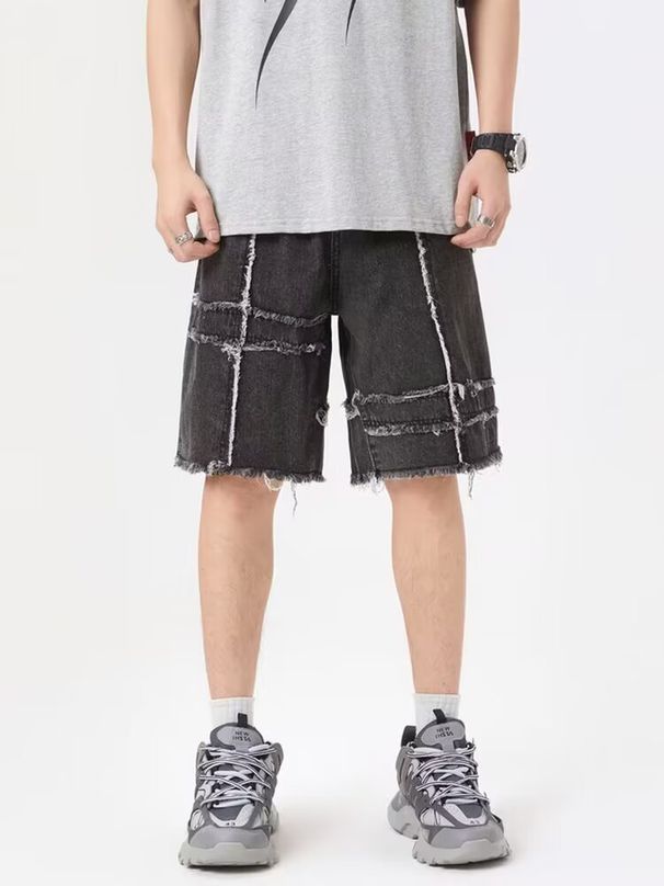 Men's Clothing American High Street Pants Trendy Brand Cool Street Men American Retro Workwear Jeans Raw Edge Stitching Straight Shorts_viptrois.com