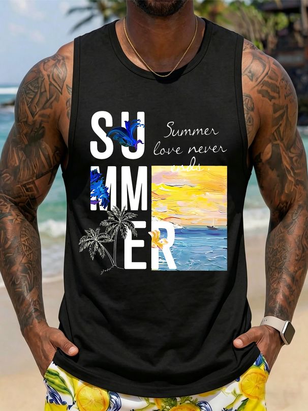 Canotta Uomo Girocollo 100% Cotone Stampa Scritta Tema Estate Morbida Traspirante Senza Maniche Vacanze Spiaggia Multicolore_viptrois.com