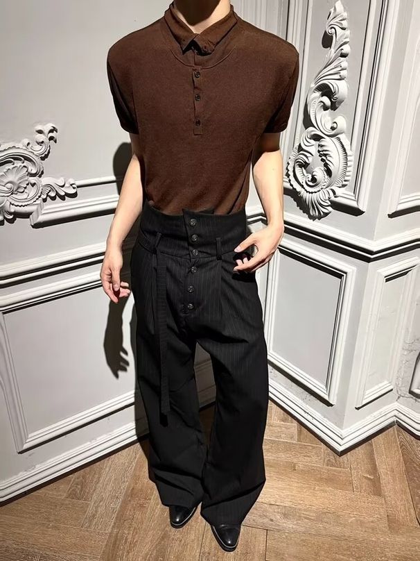 Accumulated Stripes Kendo Residual Heart Trousers Men's Draped Pleated Embroidered Gray Micro Flared Pants Straight-legcasualloose Pants_viptrois.com