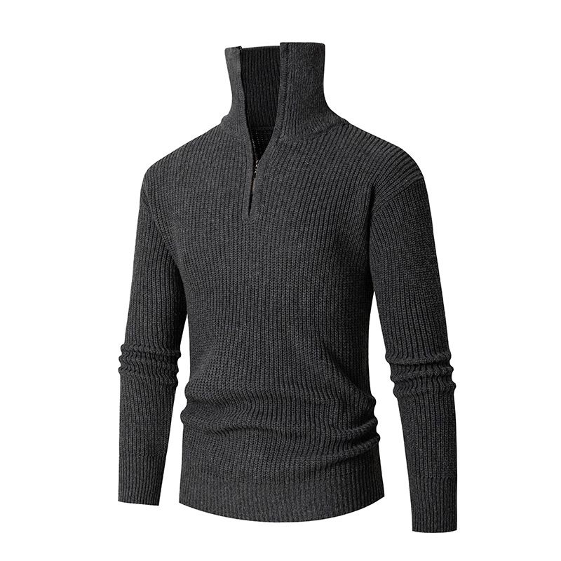 Autumn Winter Knitted With A Flip Collar And Half Zipper Knit Base, Solid Color Slim Fit Men's Sweater_viptrois.com