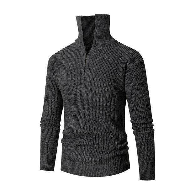 Autumn Winter Knitted With A Flip Collar And Half Zipper Knit Base, Solid Color Slim Fit Men's Sweater_viptrois.com