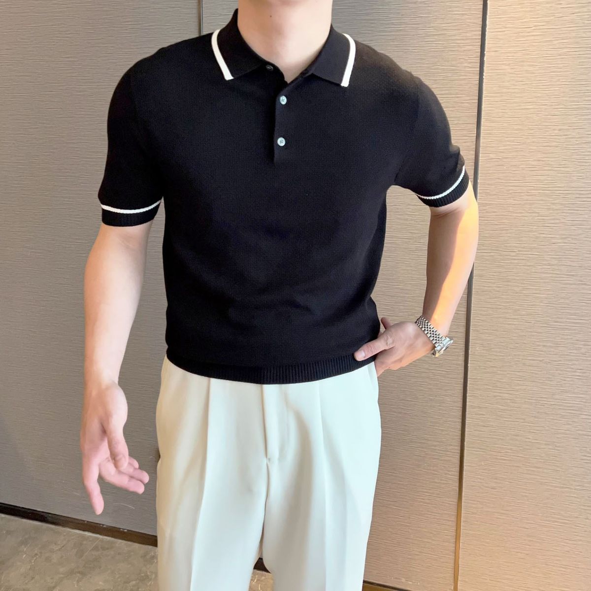 Men’s Summer Knit Polo Shirt – Breathable Ice Silk Business Casual T-Shirt (Slim Fit, White/Black, 5-Size EU/US Sizing)_viptrois.com