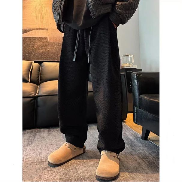 Diagonal Striped Lazy Style Casual For Men, New Autumn And Winter Loose Straight-Leg Floor-Length Fleece-Lined Wide-Leg_viptrois.com