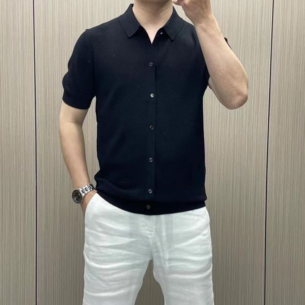 Men's Solid Color Polo Shirt Short Sleeve Light Luxury Knitted T-Shirt Spring High Quality Undershirt_viptrois.com