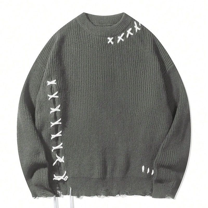Men's Knit Sweater With Loose Fit, Unique Stitching & Raw Edge Details, High Street Fashion Casual Pullover_viptrois.com