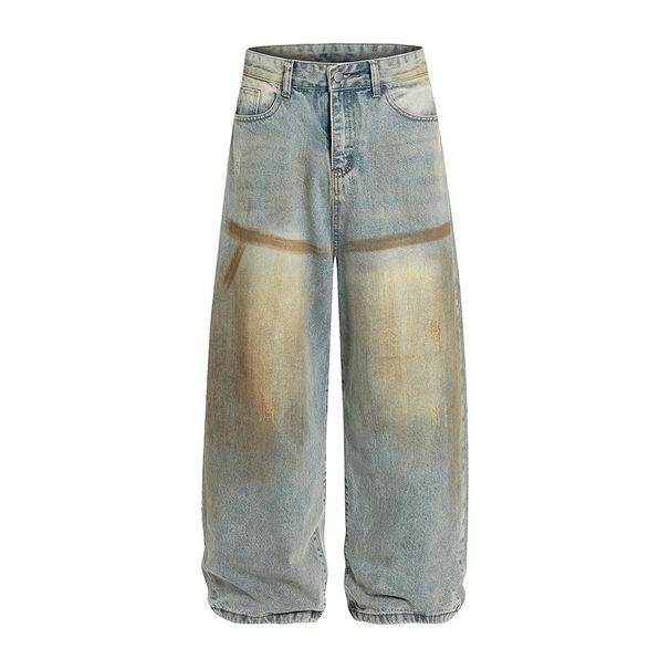 Waste Soil Washed Vintage Dirty Jeans For Men, Niche Loose Wide-Leg Ink-Splattered Faded Straight-Leg Pants, Punk Trend_viptrois.com
