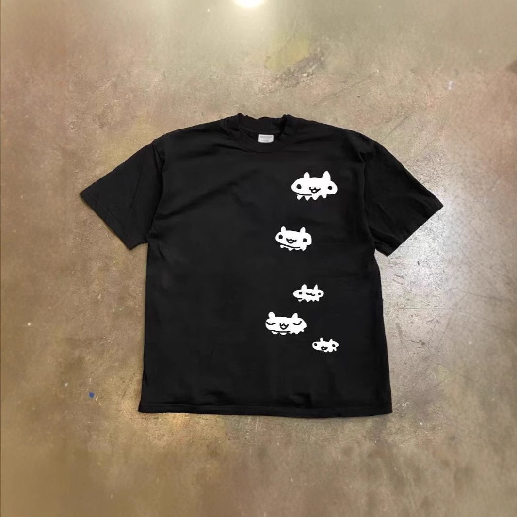 Heavyweight Pure Cotton Oversized Cat Print Loose Short Sleeved T-Shirt For Couples Women And Men_viptrois.com