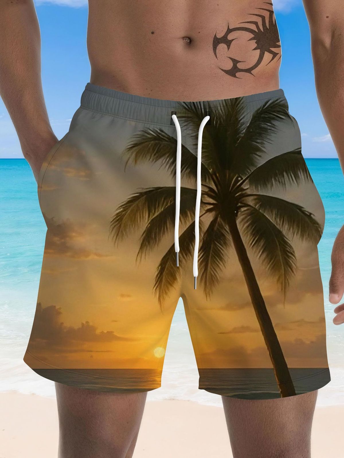 Men's 3D Digital Print Beach Shorts Tropical Sunset Palm Tree Design Quick-Dry Lightweight Swim Trunks Casual Vacation Wear_viptrois.com