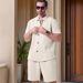 Men's Clothing Casual Short Sleeve Shirt Shorts Set Lightweight Outfit, Breathable Cotton Blend, Solid Color Matching ( Grey, Sky Blue, Khaki, White)_viptrois.com