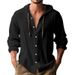 Men's Clothing Solid Color Casual Long Sleeved Shirt Hooded Drawstring Cotton And Linen Cardigan Trendy All Match Loose Beach T Shirt_viptrois.com