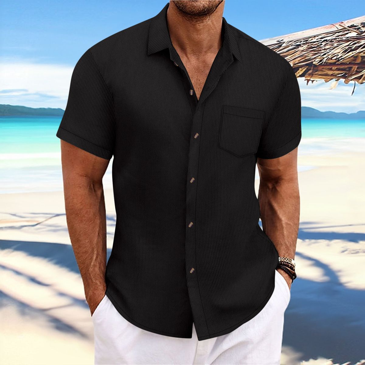 Men's Clothing Men's Striped Shirt Summer Men's Casual Lapel Breathable Short Sleeved Shirt Tops_viptrois.com