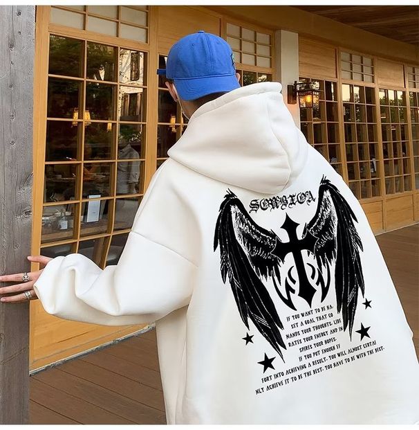 Pure Men's Hooded Sweatshirt Autumn Winter Cross Wings American High Street Trend Loose Casual Hoodie Jacket_viptrois.com