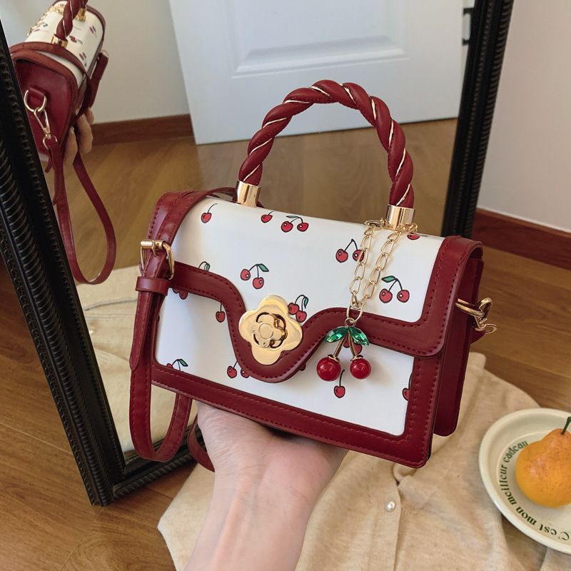 Women's Bags New Cute Cherry Print Messenger Bag Twisted Handbag Small Square Bag Fresh Contrast Color Design Girls Bag_viptrois.com