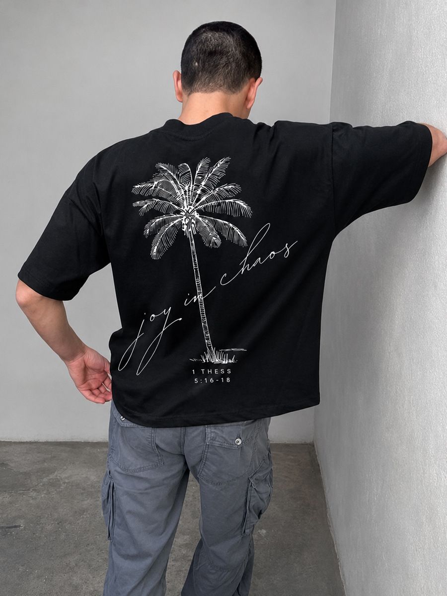 Men's Minimalist Palm Tree T-Shirt Summer Vacation Style Breathable Cotton Classic Black And White Tee_viptrois.com