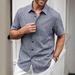 Men’s Short-Sleeve Casual Shirt – Breathable Polyester, V-Neck, Solid & Color-Blocked (Bluish/Greens/Khaki/Greyish/Dark Blue/Brown, S-XXL)_viptrois.com