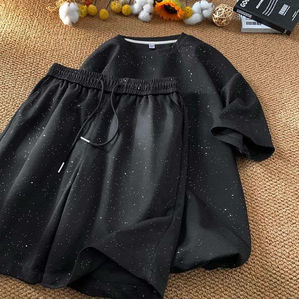 Men's Clothing Black Casual Sports Suit Full Of Stars Design Loose T Shirt Shorts Two Piece Suit_viptrois.com