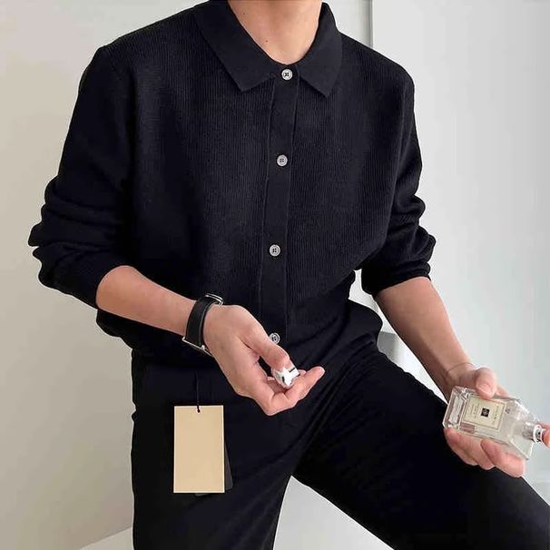 Men's Single Breasted Collar Knit Cardigan Simple Solid Color Casual Loose Fit Sweater Coat_viptrois.com
