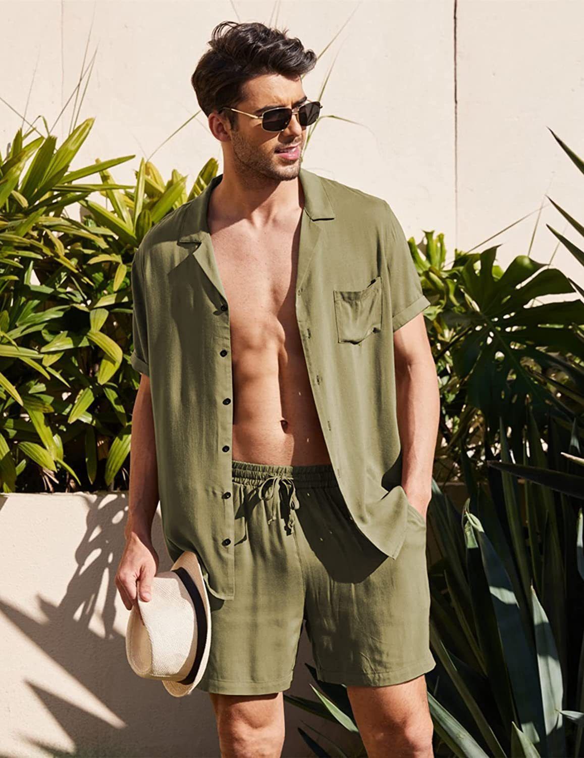 Men's Clothing Linen Short Sleeve Shirt Set Linen Summer Loose Casual Cotton Linen Cardigan Shirt Shorts_viptrois.com