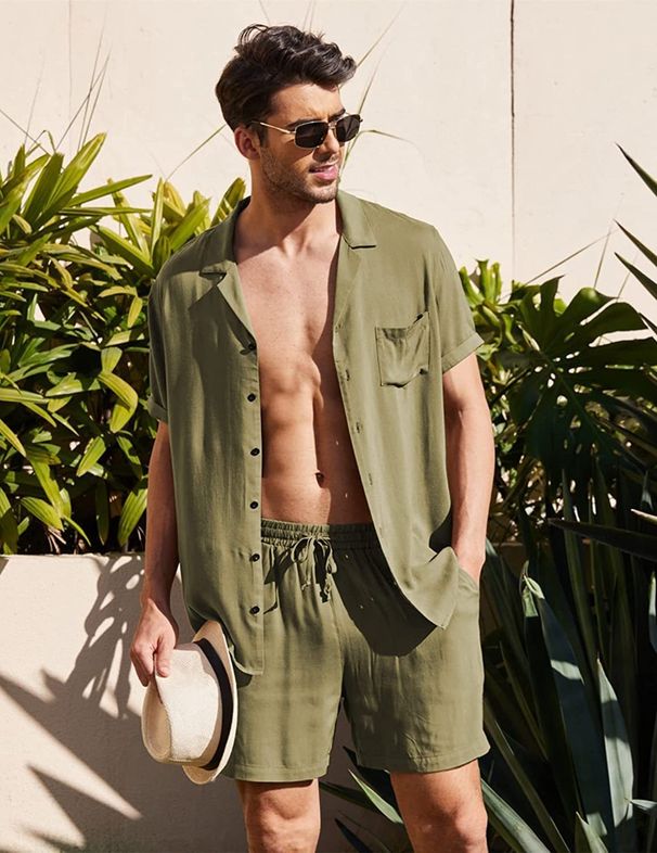 Men's Clothing Linen Short Sleeve Shirt Set Linen Summer Loose Casual Cotton Linen Cardigan Shirt Shorts_viptrois.com