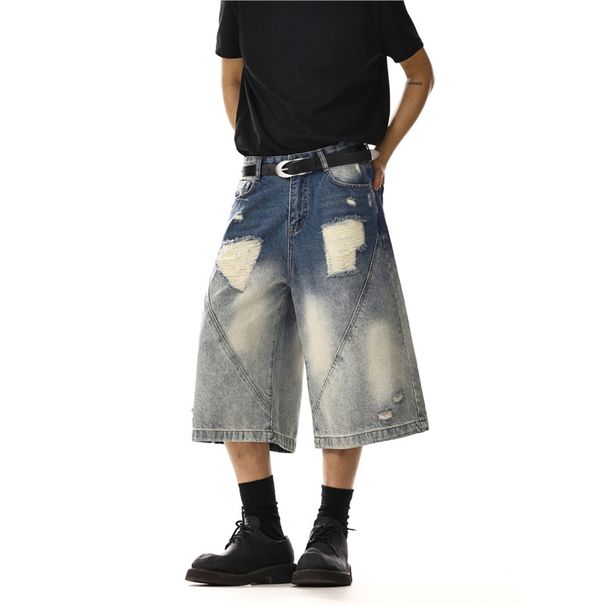 Washed Ripped Denim Shorts Men And Women Summer Straight Loose Wide Leg Pants_viptrois.com