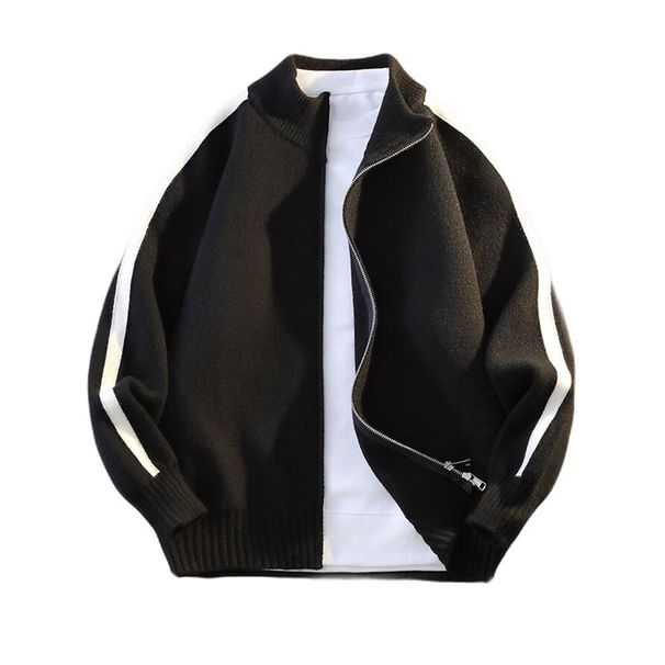 Men's Plus Size Striped Knit Cardigan With Zipper & Stand Collar - Breathable, Machine Washable, Stretchable (Black, Grey, Green)_viptrois.com