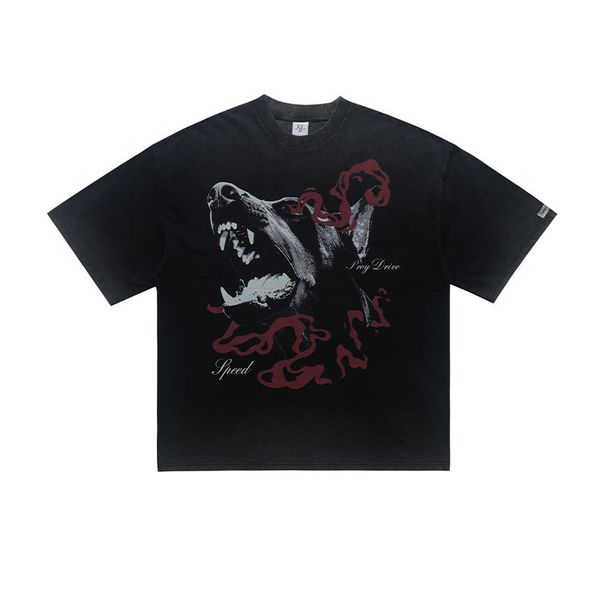 American-style Trendy Brand Washed And Distressed Doberman Print Short-sleeve Loose-fit T-shirt For Men_viptrois.com