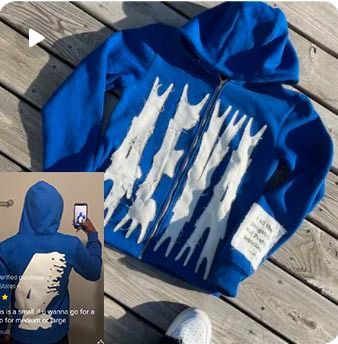 2025 Zipper Hoodie Cool Internet Celebrity Hooded Cardigan Front And Back New Printed Top Fleece Blue Jacket_viptrois.com