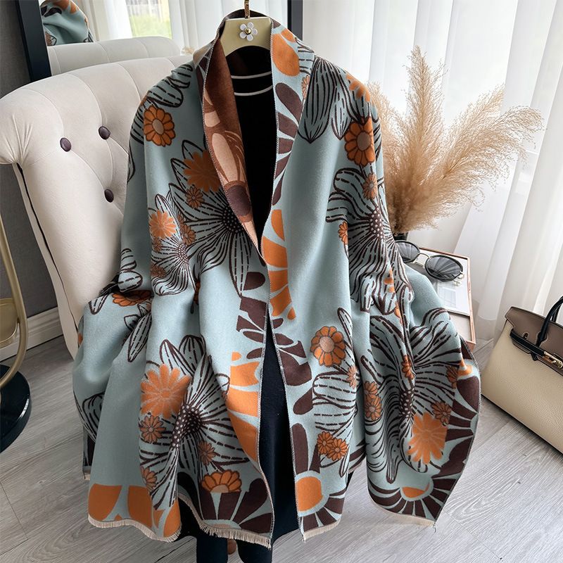 Unisex Scarf Fashion Printed Scarf Thickened Warm Cashmere Exterior Shawl Fashionable All-match Color Matching Daisy Flower Scarf_viptrois.com