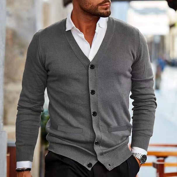 Men’s V-Neck Knit Cardigan – Slim-Fit Long Sleeve Sweater (M-5XL) – Autumn/Winter Essential_viptrois.com