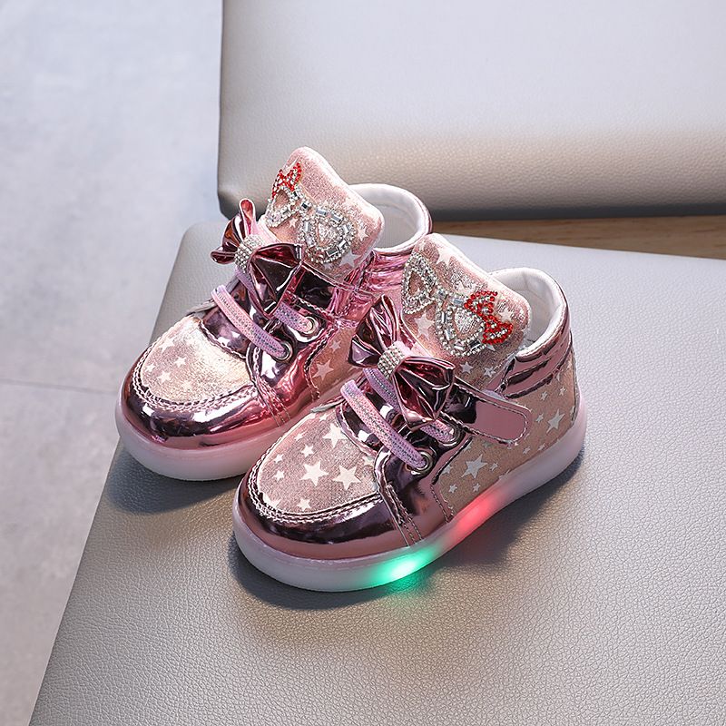 Cartoon Bright Diamond Flash Shoes Boys And Girls Leather Breathable Luminous Sneakers Girls Princess Shoes_viptrois.com