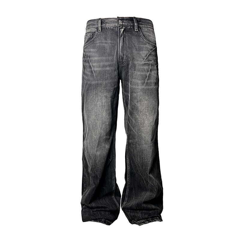 Men's Clothing Retro Dark Blue Lightning Cracked Jeans For Men And Women Loose Wide Leg Pants Washed Straight Flared Pants_viptrois.com