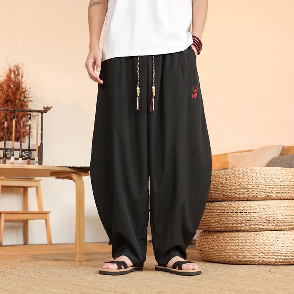 Pantalones Negros Holgados Y Ligeros De Verano Para Hombre, Estilo Japonés Retro, Harem Informales Transpirables, Cintura Elástica_viptrois.com