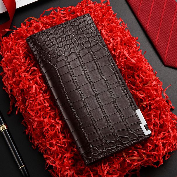 Premium Men's Long Leather Wallet With Multiple Card Slots & Zipper Closure - Crocodile Embossed PU Business Bifold Wallet For Daily Commute_viptrois.com