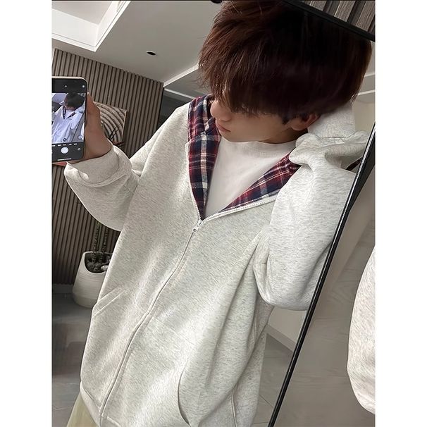 Trendy Brand Patchwork Plaid Hooded Cardigan Sweatshirt, Versatile Zipper, Spring Jacket_viptrois.com